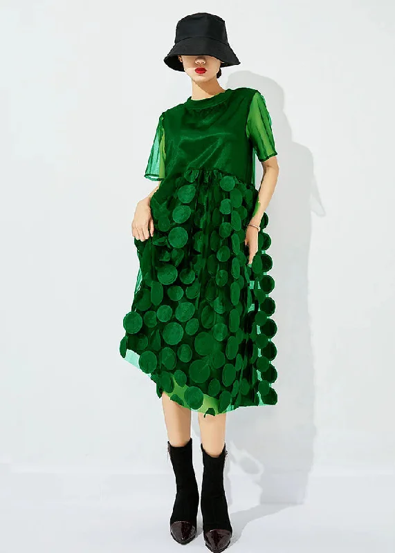 Women Tea Green O-Neck Patchwork Dot Tulle Holiday Dress Summer Tulle Bridesmaid Dress