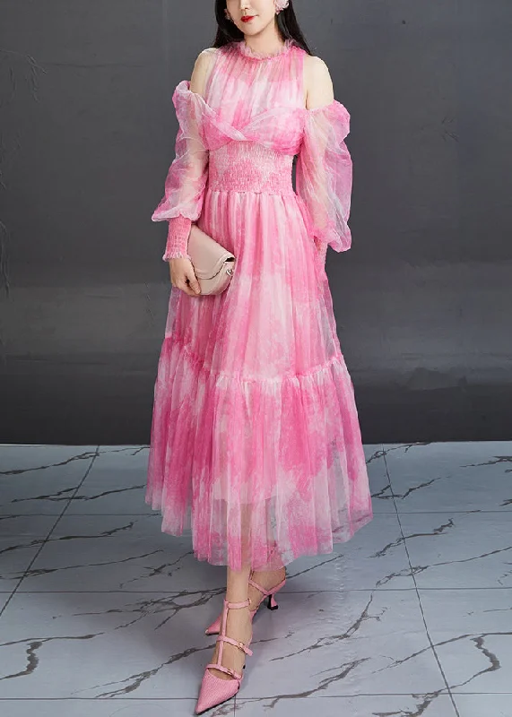 Stylish Pink Ruffled Print Elastic Waist Tulle Long Dresses Fall Ruffled Tulle Gown