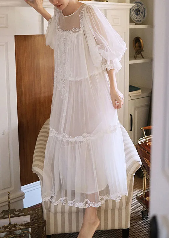 New White Lace Patchwork Tulle Pajamas Dress Lantern Sleeve Tulle Dress Design