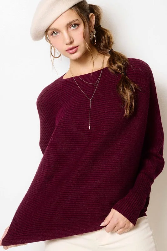 Ribbed Boatneck Bubble Sleeve Sweater (Burgundy) Sweater Dress Twist