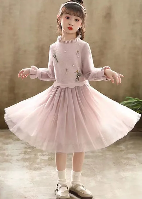 Pink Patchwork Tulle Kids Girls Princess Dress Ruffled Nail Bead Fall Casual Tulle Dress