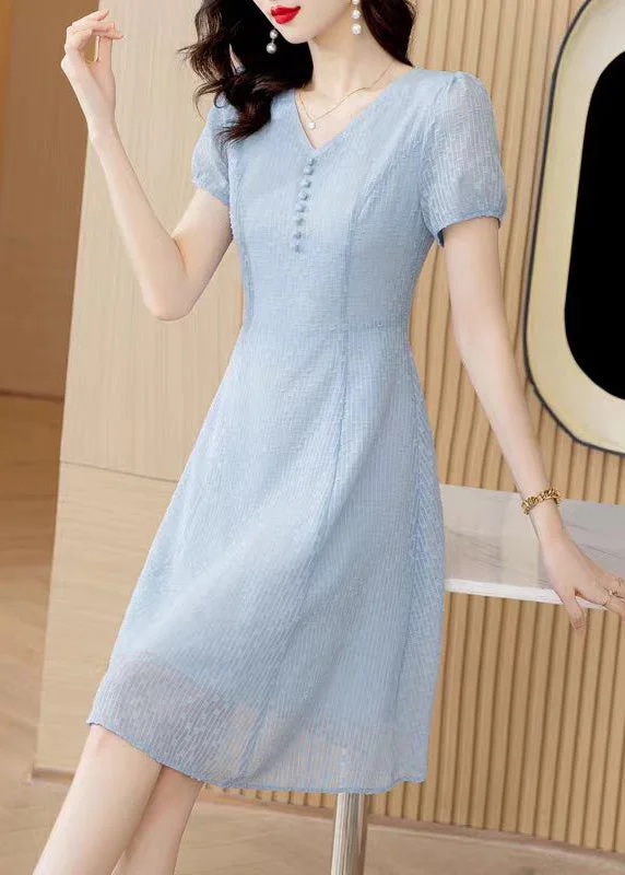 Modern Light Blue V Neck Tulle Mid Dress Short Sleeve Sexy Tulle Dress