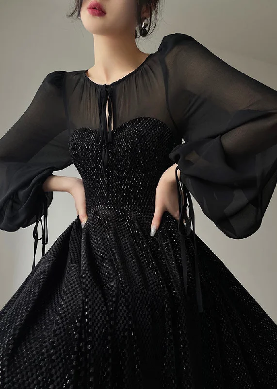 Vintage Black O-Neck Tulle Drawstring Patchwork Velour Long Dresses Long Sleeve Tulle Skirt Dress