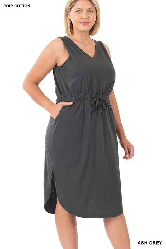 Plus Size Zenana Ash Gray curved hem dress with drawstring waist Plus Size High-low
