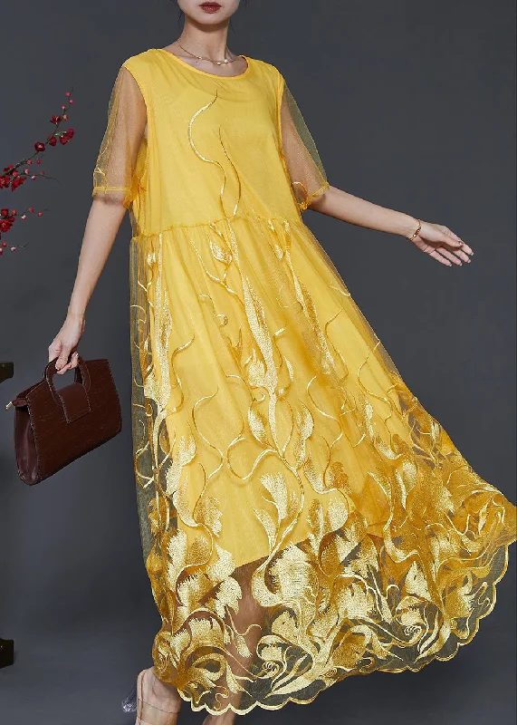 Modern Yellow Embroidered Hollow Out Tulle Dresses Summer Tulle Lace Gown