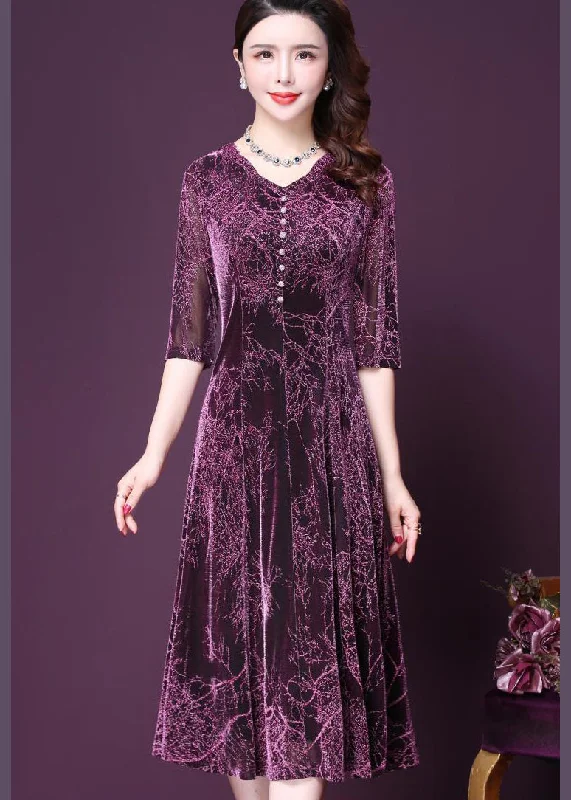 Stylish Purple O-Neck Print Button Tulle Holiday Dress Half Sleeve Stylish Tulle Gown