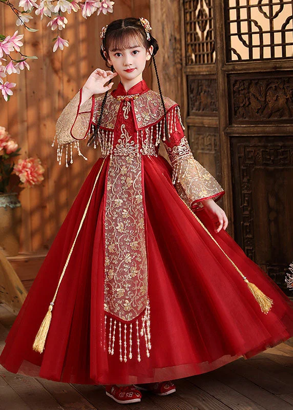 New Red Stand Collar Embroideried Tassel Tulle Kids Long Dress Fall Soft Layered Tulle