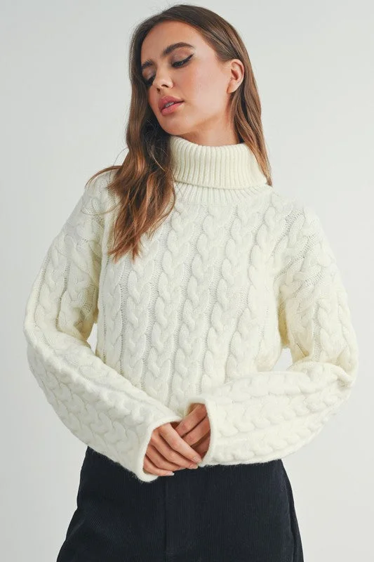 Braided Turtleneck Sweater (Ivory) Warm Wool Sweater