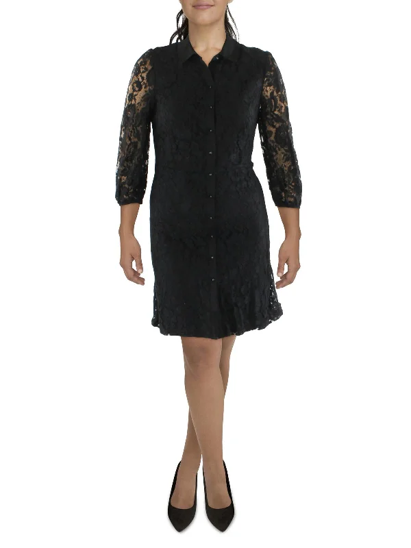 Womens Lace Mini Shirtdress Satin Shirt Dress