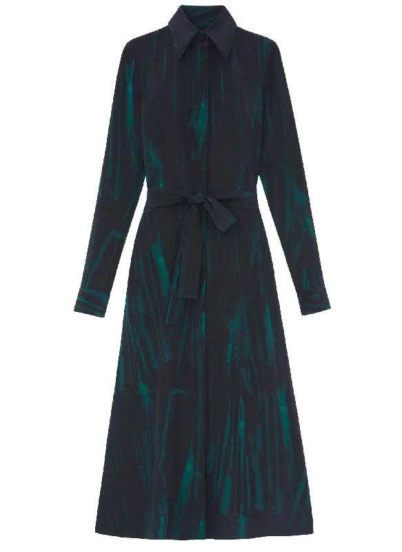 Stamped Pages Print Silk Crepe De Chine Shirtdress In Black Green Polka Dot Shirt