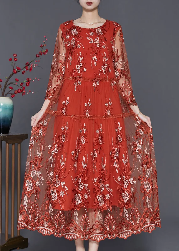 Brick Red Hollow Out Tulle Robe Dresses Embroidered Summer Classic Tulle Dress