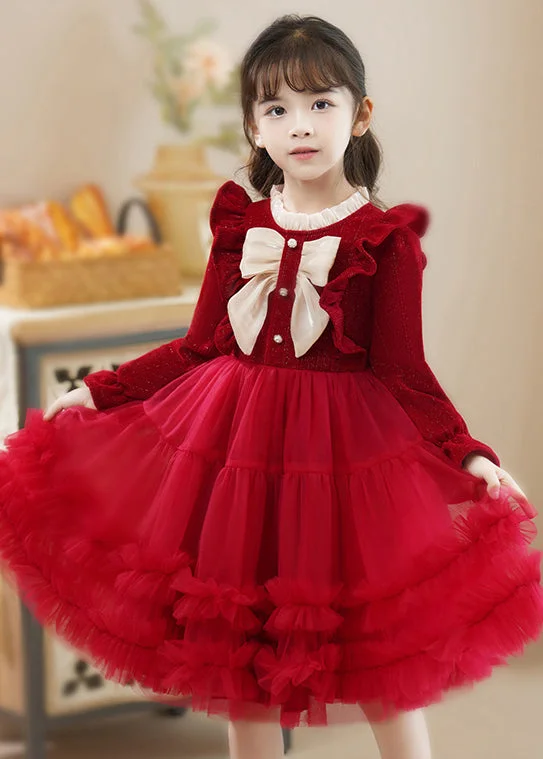 Fine Red Ruffled Patchwork Tulle Baby Girls Princess Dress Fall Tulle Dress Formal