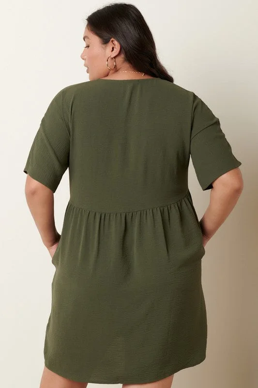 Plus Size Airflow Woven Fabric V-Neck Dress in Army Green Flattering Plus Dress