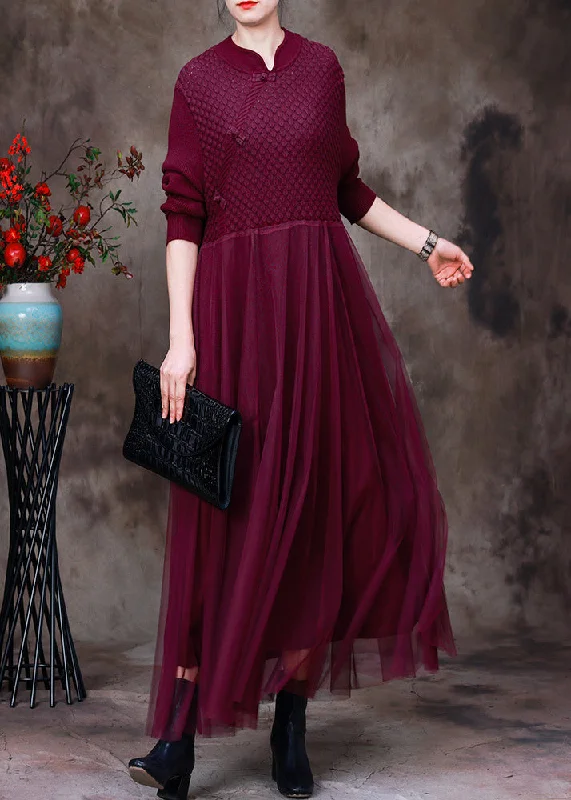 DIY Purple Stand Collar Tulle Patchwork Knit Mid Dress Long Sleeve Casual Tulle Gown