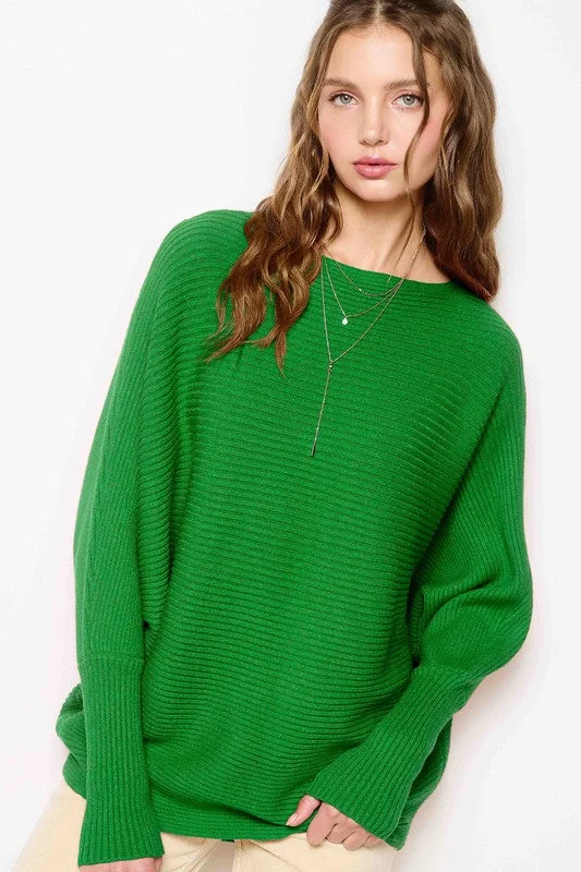 Ribbed Boatneck Bubble Sleeve Sweater (Green) Trendy Sweater Dress