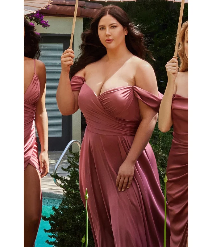 Cinderella Divine  Plus Size Mauve Satin Off The Shoulder Bridesmaid Gown Plus Size V-neck