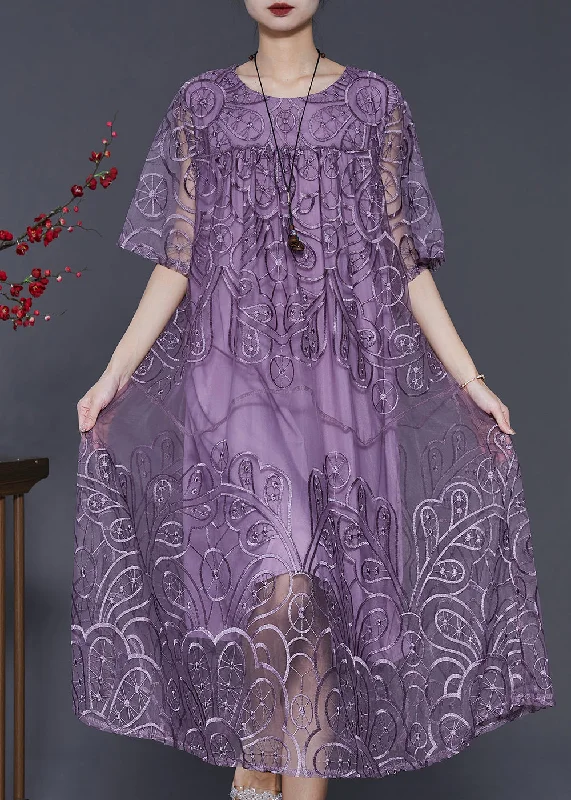 Natural Purple Embroidered Tulle Long Dresses Summer A-line Tulle Gown