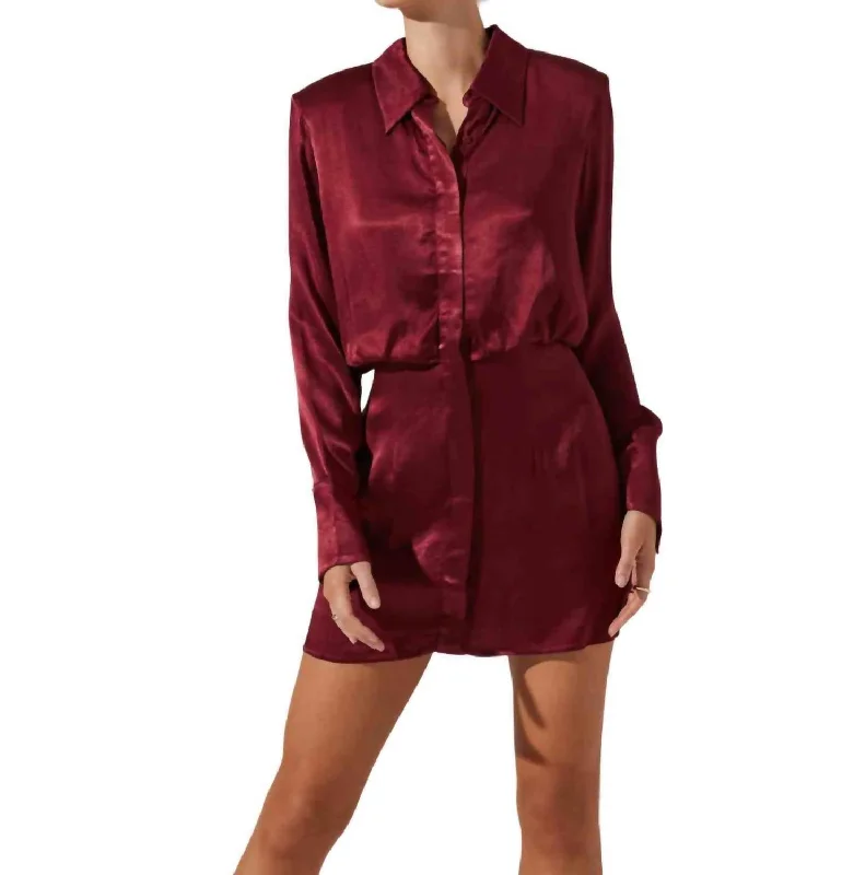 Ruth Satin Shirt Mini Dress In Wine Button Front Shirt