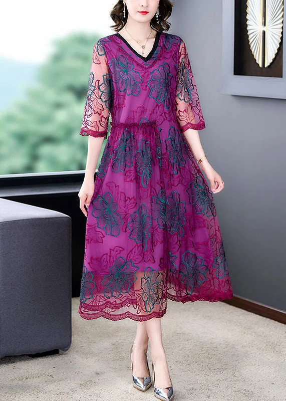 Beautiful Purple Embroideried Ruffled Tulle Dresses Half Sleeve Tulle Dress Look