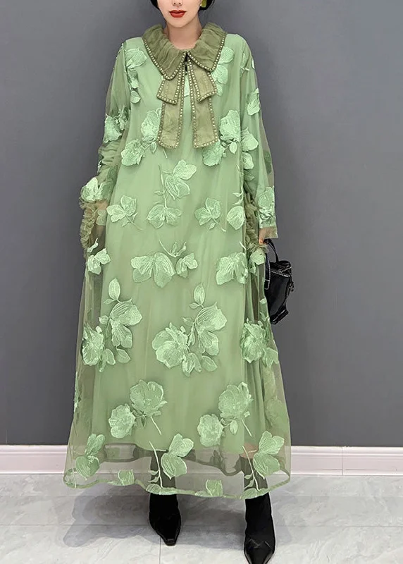 Women Green Peter Pan Collar Embroideried Patchwork Tulle Long Dresses Long Sleeve Tulle Dress Glam