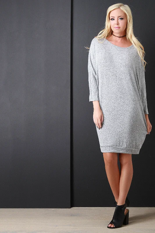 Back Button Accent Dolman Sleeves Sweater Dress Fitted Knit Sweater