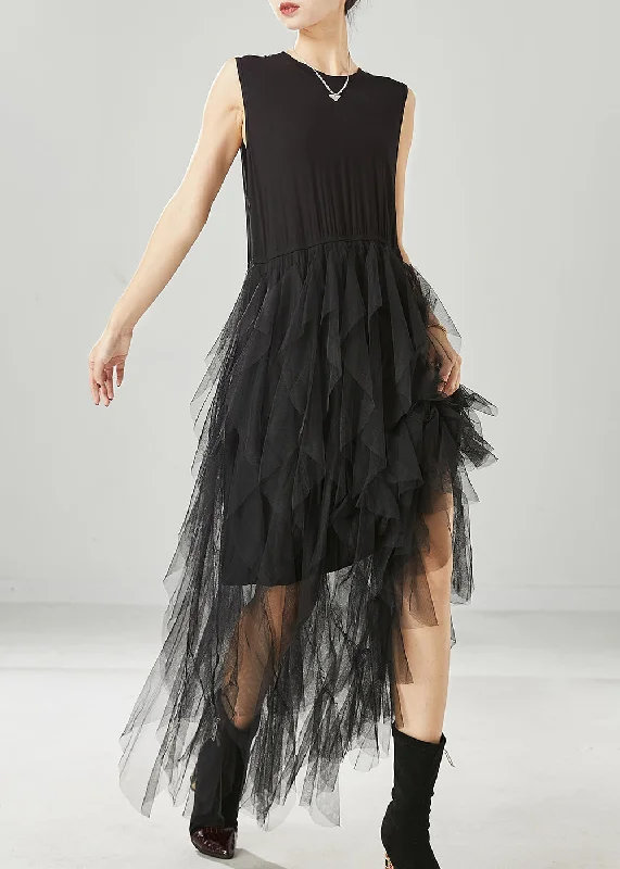 Simple Black Exra Large Hem Tulle Beach Dresses Sleeveless Tulle A-line Dress