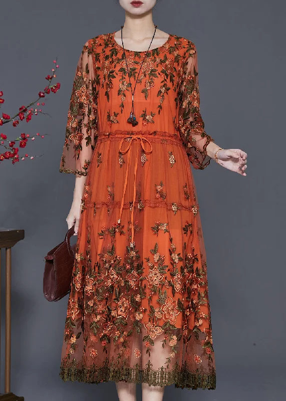 Stylish Orange Embroidered Drawstring Tulle Dress Summer Long Sleeve Tulle