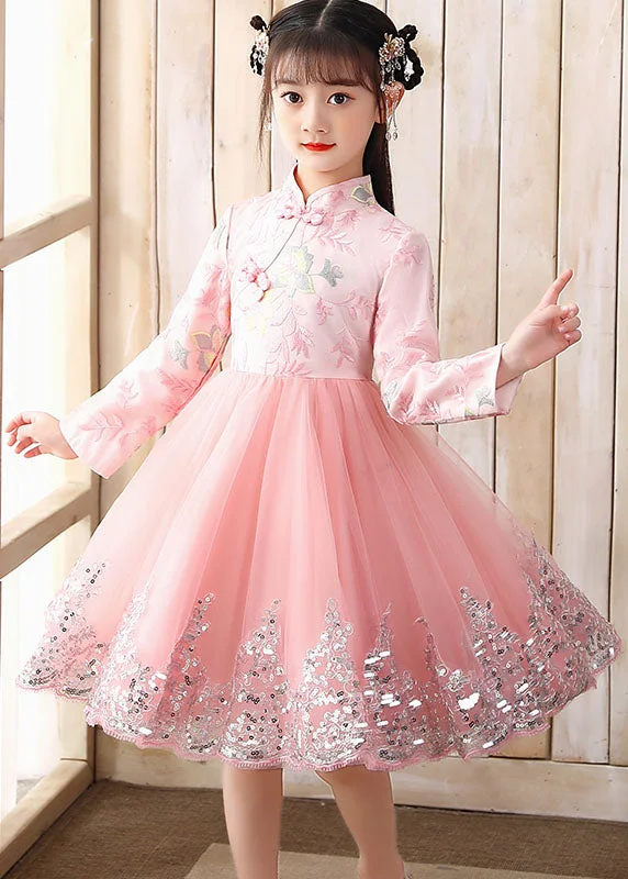 Cute Pink Embroideried Patchwork Tulle Girls Long Dress Fall Sweet Tulle Dress