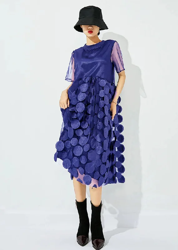 Women Blue  O-Neck Patchwork Dot Tulle Holiday Dress Summer Tulle Dress Layers