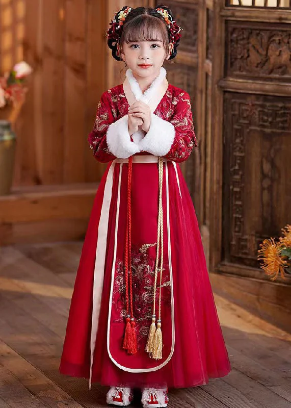 Cute Red Tie Waist Embroideried Patchwork Tulle Kids Maxi Dresses Long Sleeve Tulle Skirt Dress