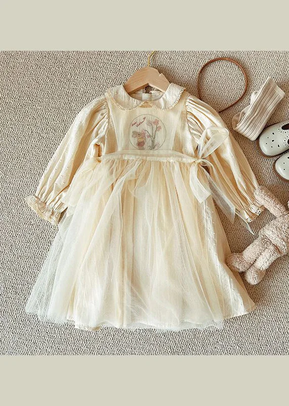 Lovely Beige Peter Pan Collar Patchwork Tulle Baby Girls Princess Dresses Fall Tulle Wedding Dress