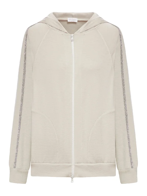 Cotton and silk interlock hooded topwear with Precious Stripe Zip-up Sweatshirt Look