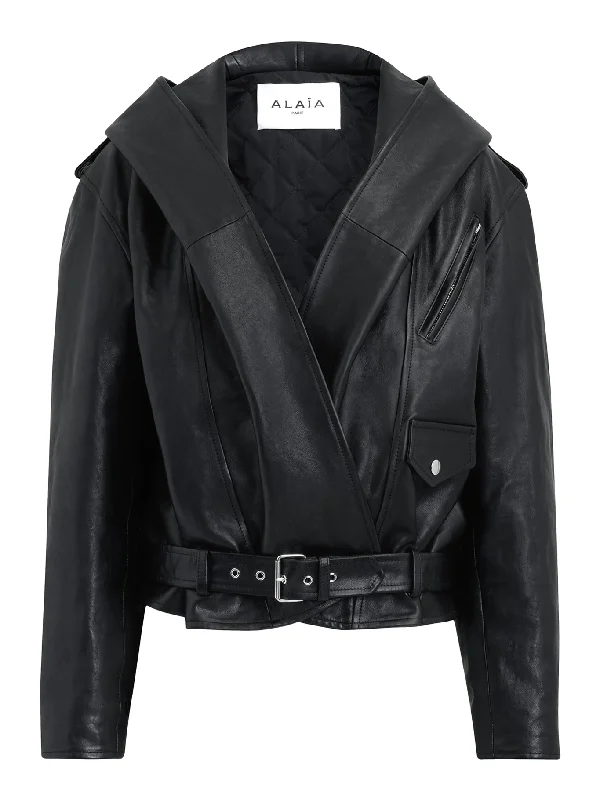 HOODED BIKER JACKET IN PATINATED NAPPA LEATHER Cozy Winter Sweatshirt