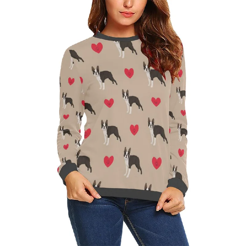 Boston Terrier Heart Paw Pattern Print Women's Sweatshirt Travel-friendly sweaters