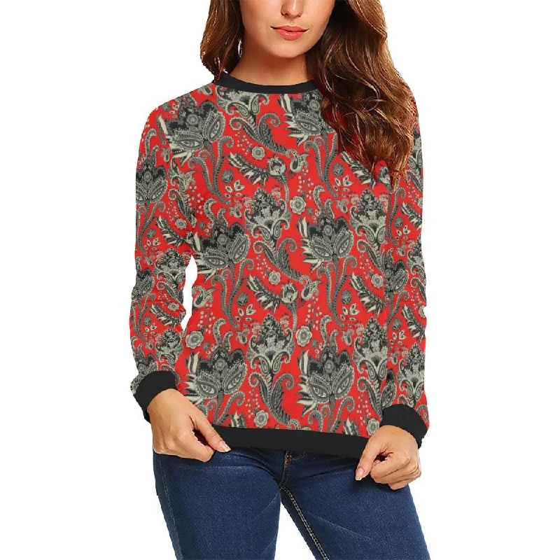 Red Paisley Pattern Print Women Crewneck Sweatshirt Must-have sweaters for this season