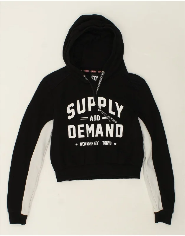 SUPPLY & DEMAND Womens Crop Graphic Hoodie Jumper UK 10 Small Black Cardigan sweaters