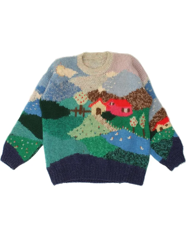 VINTAGE Womens Graphic Crew Neck Jumper Sweater UK 16 Large Multicoloured Knitted sweaters