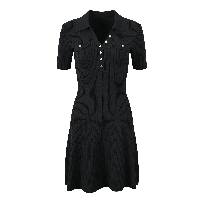 Black V-neck knit dress Clubbing mini dresses