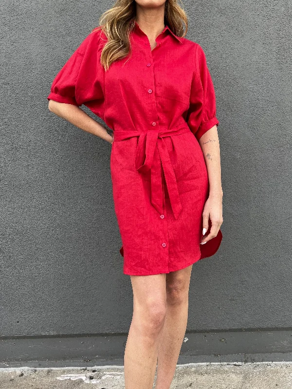 Brittan Dress in French Linen - Cherry New Year's Eve mini dresses