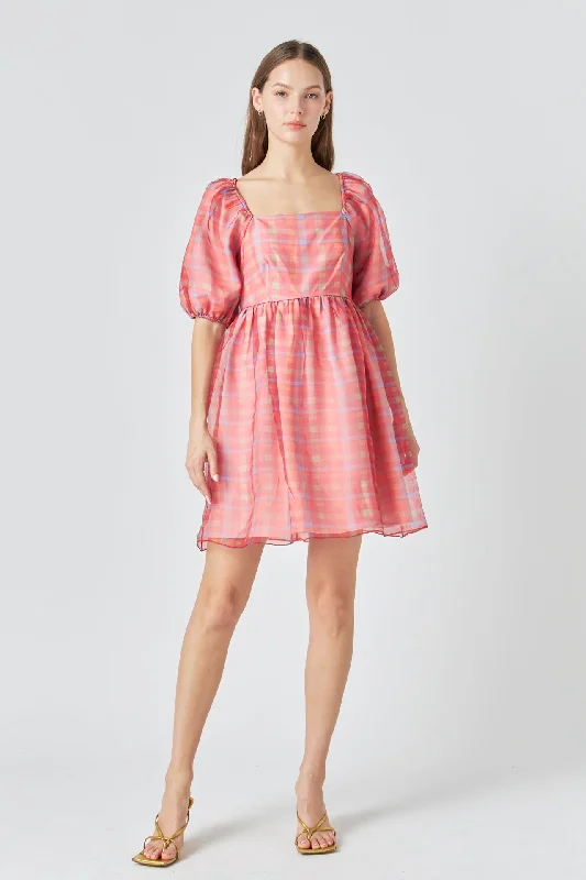 Checker Puff Mini Dress Off-shoulder mini dresses