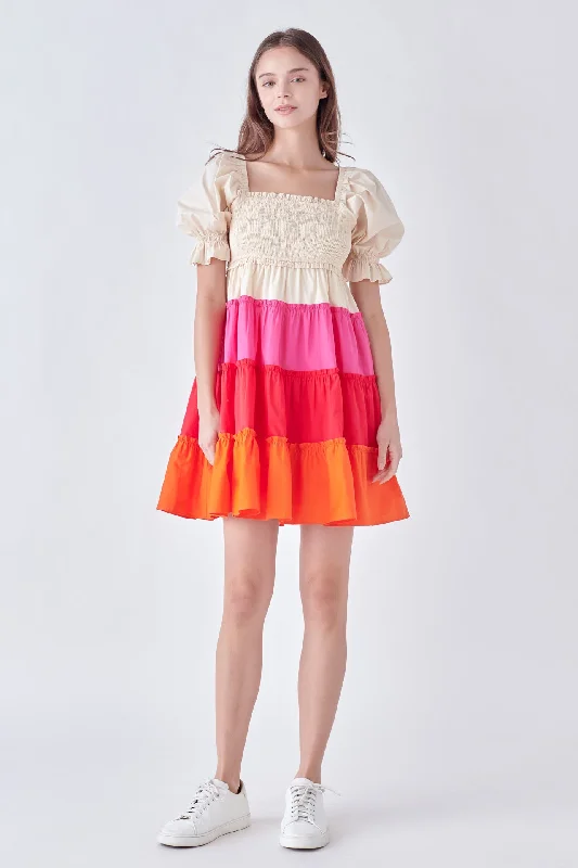 Colorblock Smocked Puff Sleeve mini Edgy mini dresses