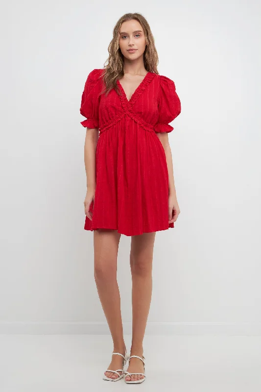 Double Ruffled Band Mini Puff Sleeve Dress Women's mini dresses