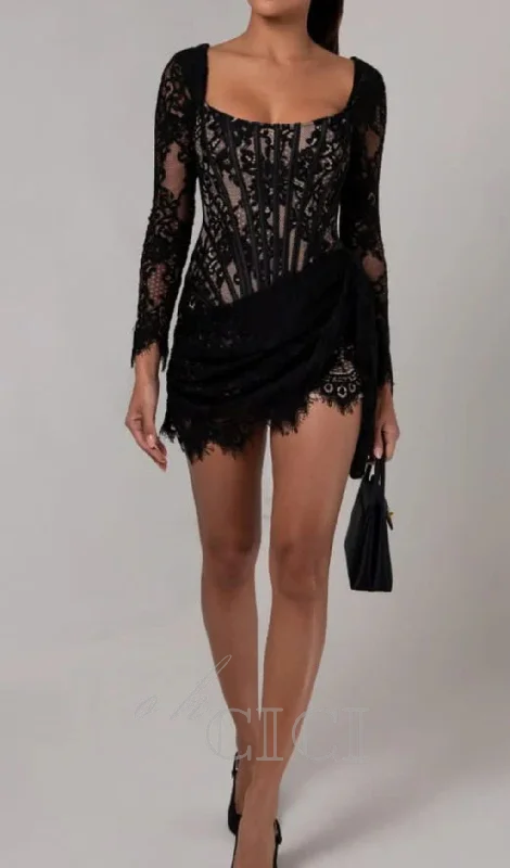 long sleeve lace corset draped mini dress in black Preppy mini dresses