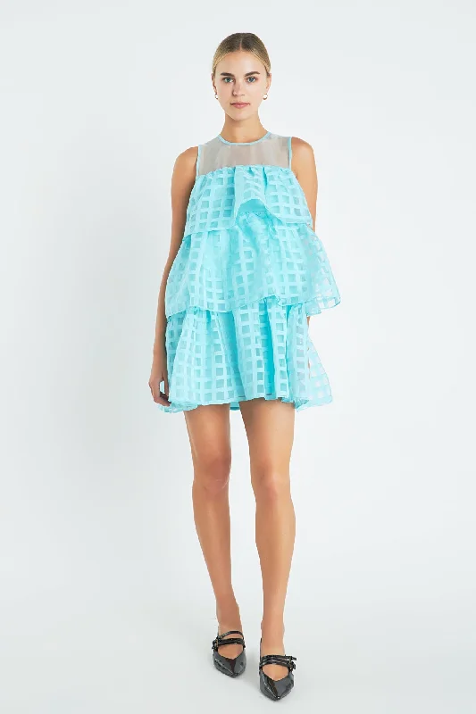 Organza Gridded Tiered Sleeveless Mini Dress Office mini dresses