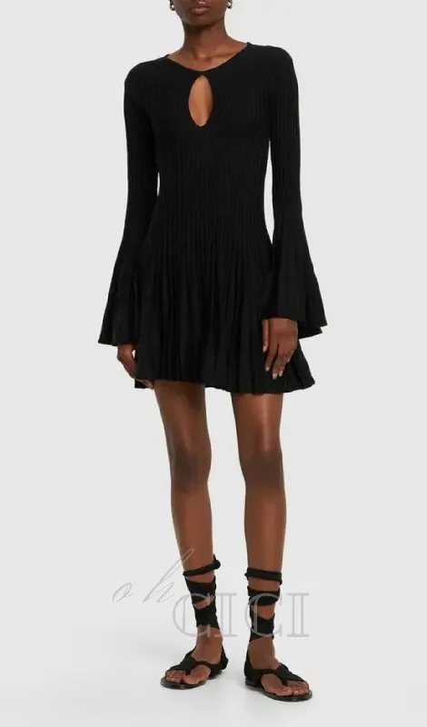 pleated wool knit long sleeve mini dress in black Satin mini dresses