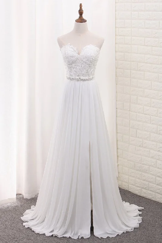 2024 A Line Chiffon Sweetheart Wedding Dresses With Applique And Slit Beautiful Lace Gown