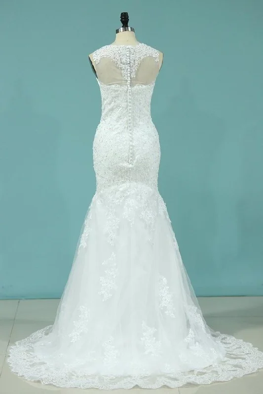 2024 Wedding Dresses Mermaid Scoop Sweep Train Tulle P1YP3AML Floral Lace Wedding