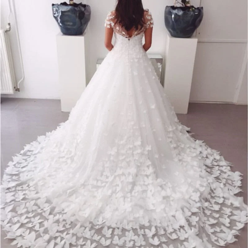 A-line Sweep Train Butterfly Wedding Dresses Lace Cap Sleeves Beaded Lace Wedding