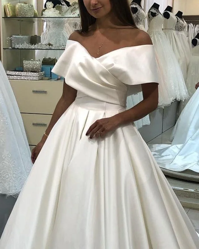 Ball Gown Wedding Dress Satin V Neck Off Shoulder Satin Wedding Dress