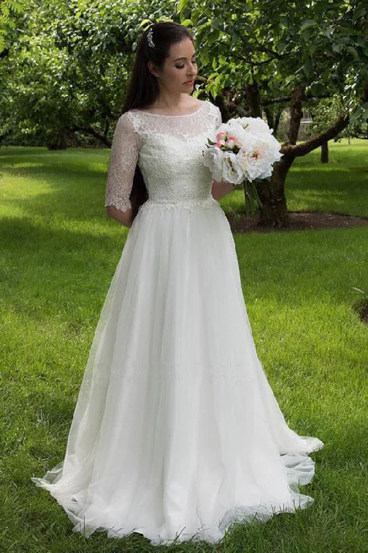 Charming Lace Round Neck Half Sleeves Wedding Dresses Sheer Wedding Dress